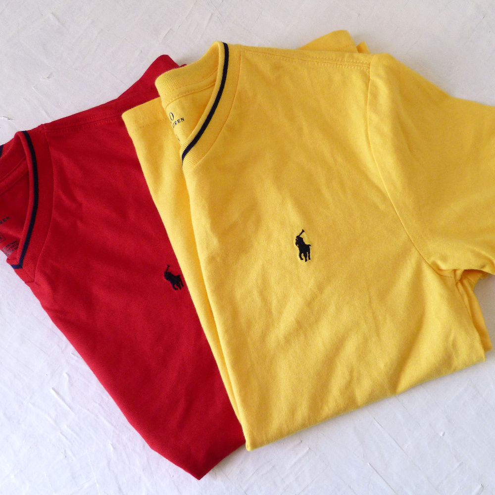 2 New V-Neck T-shirts Boys Medium Red Yellow Navy